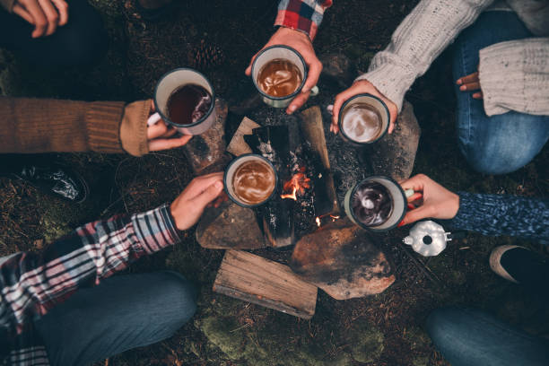 To our great journey! Close up top view of young people toasting each other while warming up near the campfire in the woods bonfire stock pictures, royalty-free photos & images