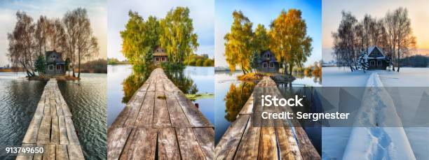 House On A Small Island Four Seasons A Picturesque Hut In All Seasons Stock Photo - Download Image Now