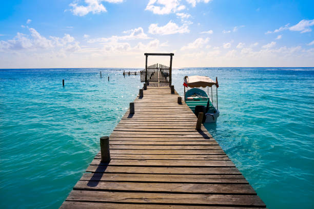 This tropical scene in Cancun showcases a pristine beach lined with soft sand, framed by palm trees and distant hotels under a clear blue sky. The vibrant turquoise waters are dotted with boats.