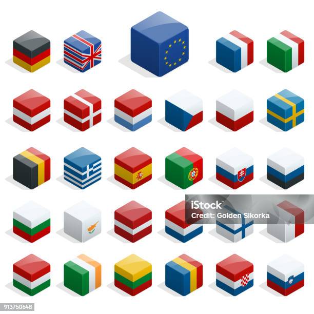 Set Of Isometric Boxes With Flags Simple Containers With Standards Stock Illustration - Download Image Now