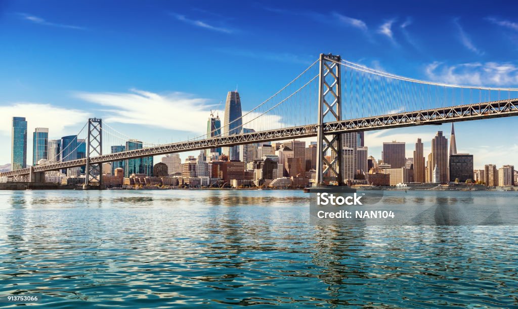 San Francisco on sunny day Downtown San Francisco and Oakland Bay Bridge on sunny day San Francisco - California Stock Photo