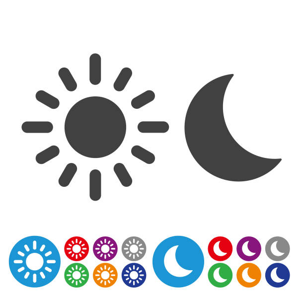 Day and Night Icons - Graphic Icon Series Day, Night, sun, moon, nature, natural phenomenon, weather moon symbols stock illustrations