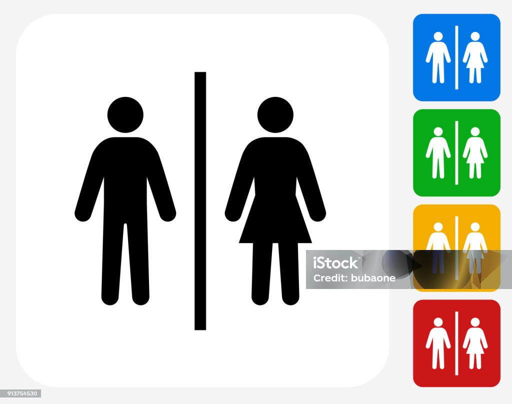 Public Restroom Sign. Public Restroom Sign.The icon is black and is placed on a square vector button. The button is flat white color and the background is light. The composition is simple and elegant. The vector icon is the most prominent part if this illustration. There are four alternate button variations on the right side of the image. The alternate colors are red, yellow, green and blue. Restroom Sign stock vector