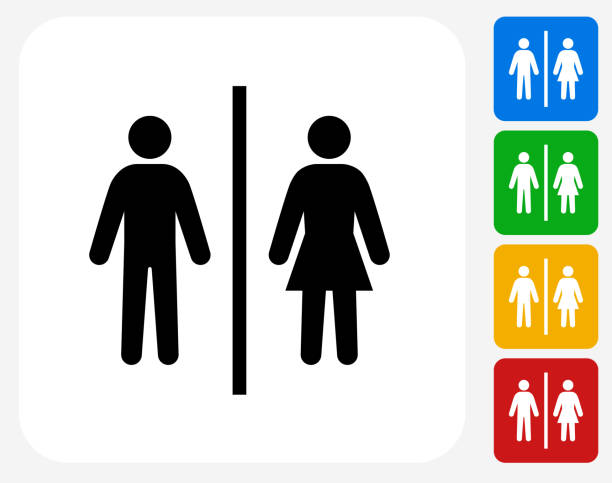 Public Restroom Sign. Public Restroom Sign.The icon is black and is placed on a square vector button. The button is flat white color and the background is light. The composition is simple and elegant. The vector icon is the most prominent part if this illustration. There are four alternate button variations on the right side of the image. The alternate colors are red, yellow, green and blue. toilet sign stock illustrations