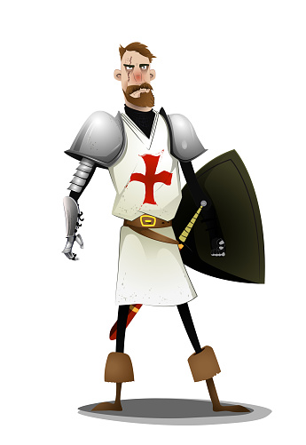 Templar knight standing on white background.