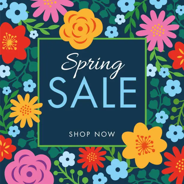 Vector illustration of Spring sale background with flowers frame.