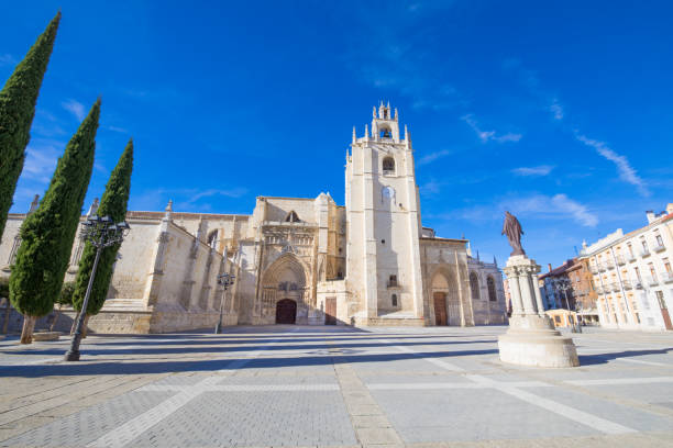 main facade of San Antolin Cathedral in Palencia stock photo