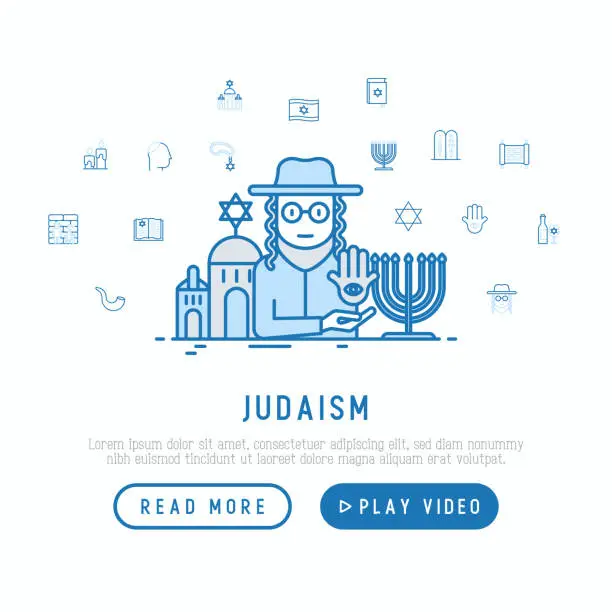 Vector illustration of Judaism concept with thin line icons: Orthodox jew, star of David, sufganiyot, hamsa, candles, synagogue, skullcap, rosary, Western Wal, Tanakh. Modern vector illustration, web page template.