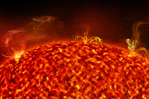 close up of solar flares on sun burning surface