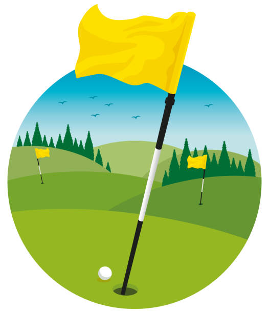 ilustraciones, imágenes clip art, dibujos animados e iconos de stock de campo de golf paisaje clip art - golf course usa scenics sports flag