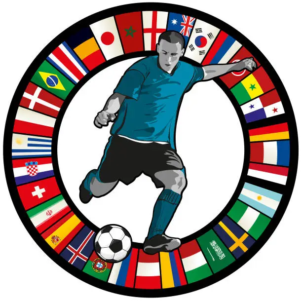 Vector illustration of Soccer player aginst a circle of flags