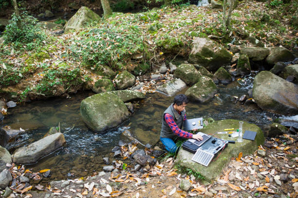 istock A scientist monitoring water quality from a solar powered field laboratory 913769938