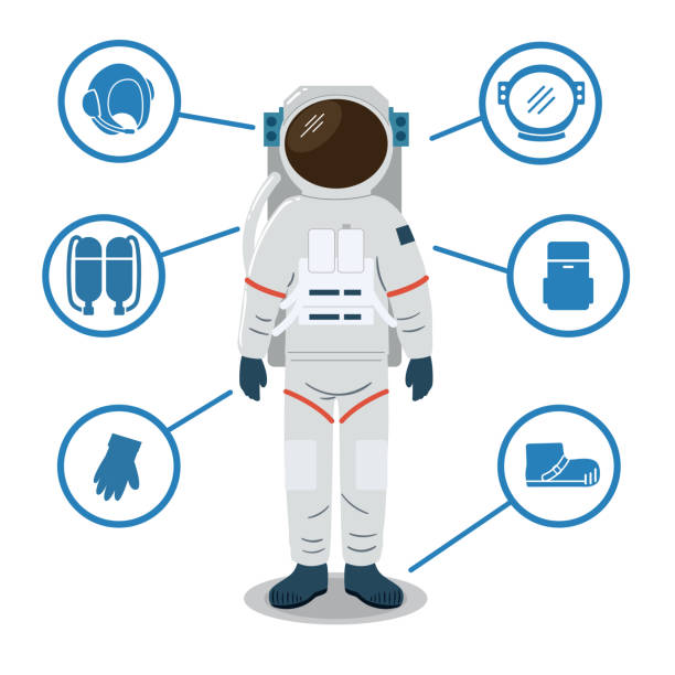 Astronaut space suit equipment. Helmet, gloves, shoes, bag, oxygen tank Astronaut spacesuit parts. Illustration for infographic space suit stock illustrations