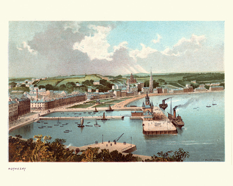 Vintage engraving of Rothesay, the principal town on the Isle of Bute, in the council area of Argyll and Bute, Scotland.