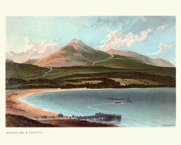Vintage engraving of Brodick Bay and Goat Fell, Scotland, 19th Century. Goat Fell (Goatfell) is the highest point on the Isle of Arran, North Ayrshire, Scotland