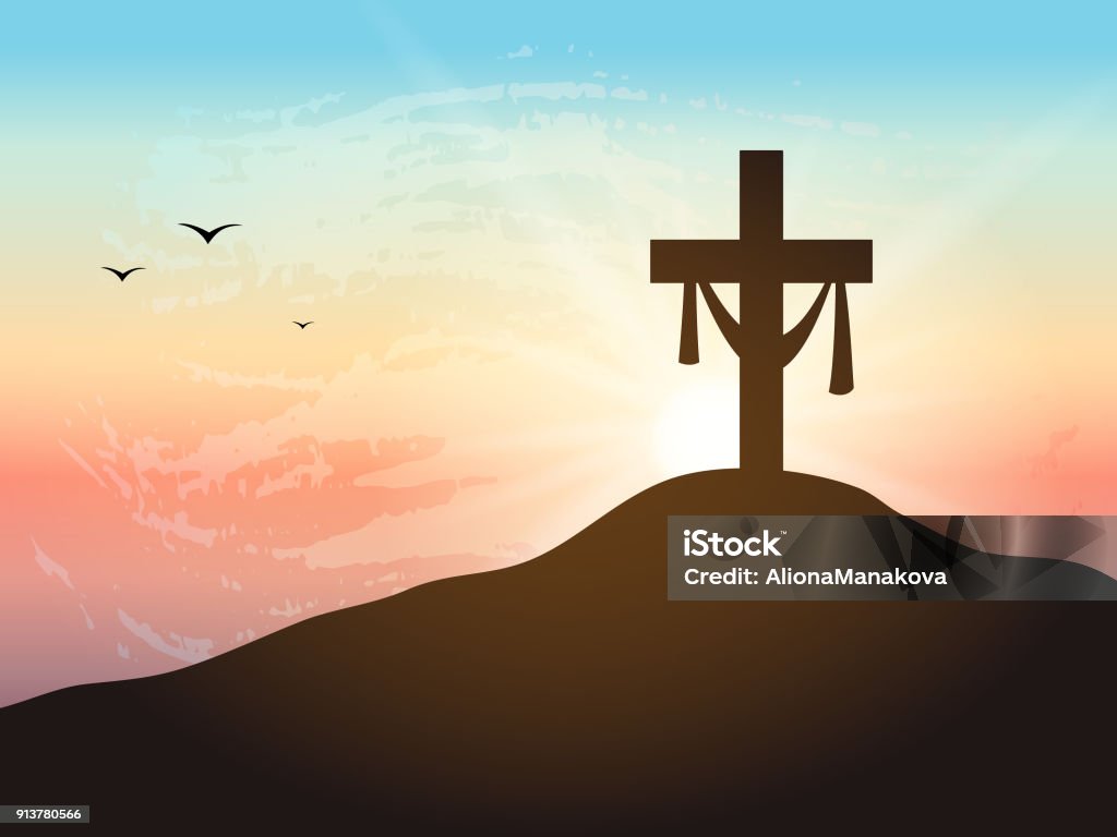 Resurrection background with sun rays. Calvary hill with silhouettes of the cross. Cross symbol for Jesus Christ is risen. Calvary - Jerusalem stock vector