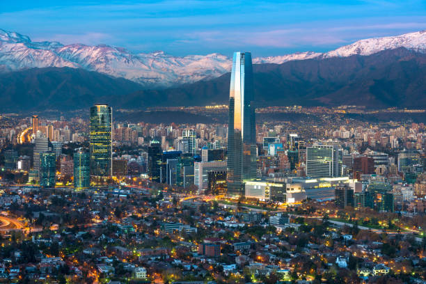 Skyline of Santiago de Chile Panoramic view of Providencia and Las Condes districts with Costanera Center skyscraper, Titanium Tower and Los Andes Mountain Range, Santiago de Chile andes stock pictures, royalty-free photos & images