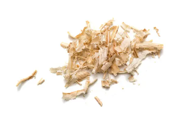 Wood shavings, sawdust on white background