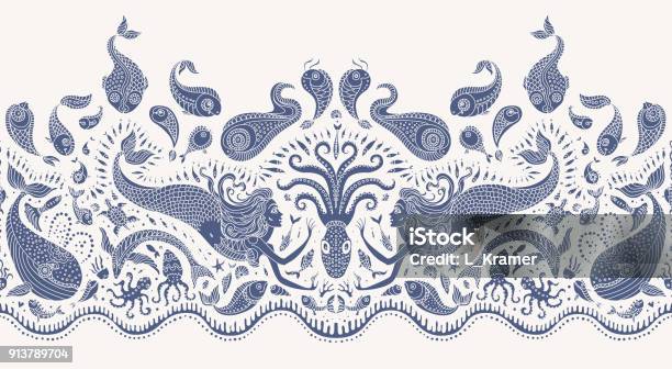 Vector Seamless Pattern Fantasy Mermaid Octopus Fish Sea Animals Dark Indigo Blue Silhouette With Ornaments On A Beige Background Batik Border Wallpaper Fridge Textile Print Wrapping Paper Stock Illustration - Download Image Now
