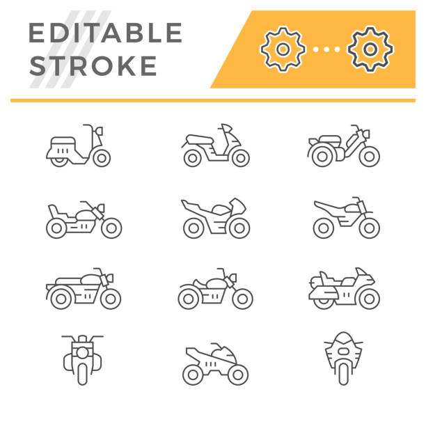 illustrazioni stock, clip art, cartoni animati e icone di tendenza di impostare le icone di linea delle motociclette - motorcycle motor scooter silhouette off road vehicle