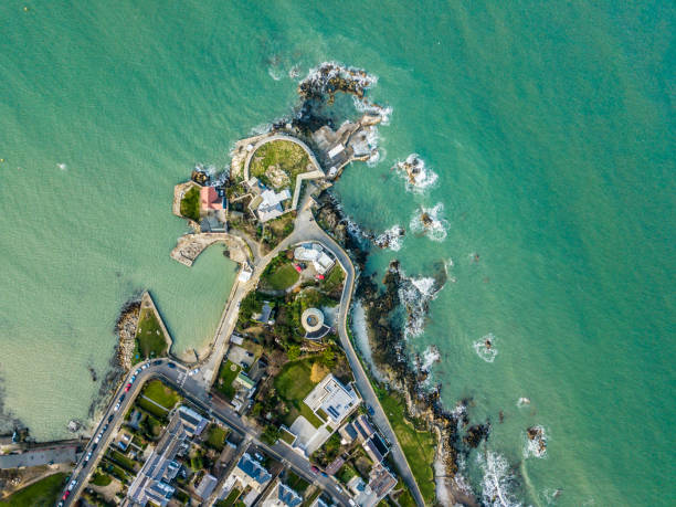 aerial view of the forty foot, sandycove, dun laoighaire, dublin, ireland. - martello towers imagens e fotografias de stock