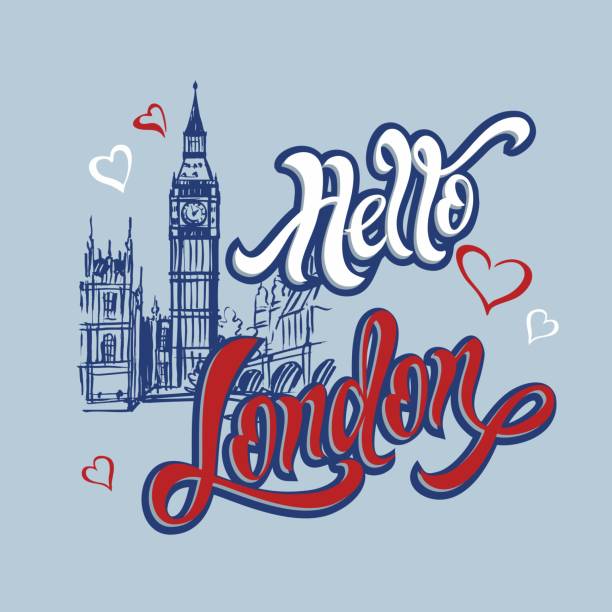 здравствуй london.lettering.travel. поездки в англию.  эскиз биг бена. концепция диз�айна для индустрии туризма. векторная иллюстрация. - airplane europe transportation big ben stock illustrations