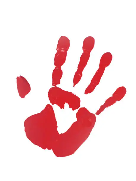 Stop! No! Red paint handprint on white paper