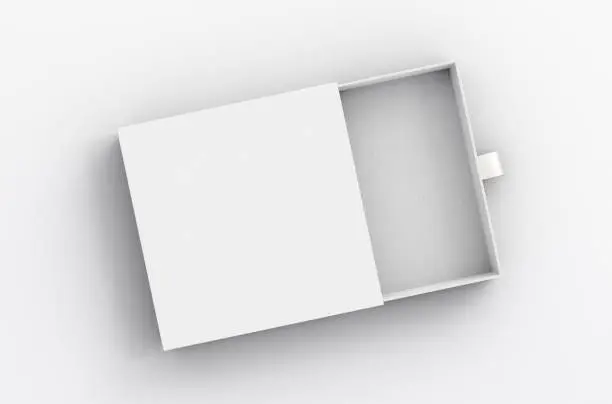 Opened empty white drawer sliding box on white background. Isolated with clipping path around box. 3d illustration