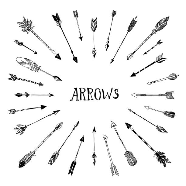 ilustraciones, imágenes clip art, dibujos animados e iconos de stock de colección de flechas dibujados a mano decorativos - bow and arrow