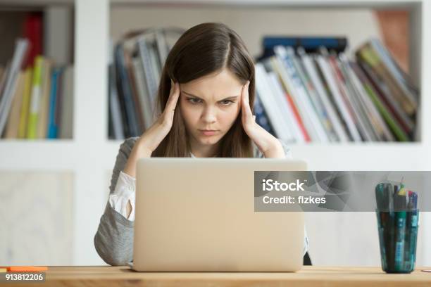 Focused Concerned Girl Student Learning Difficult Exam With Laptop Online Stock Photo - Download Image Now