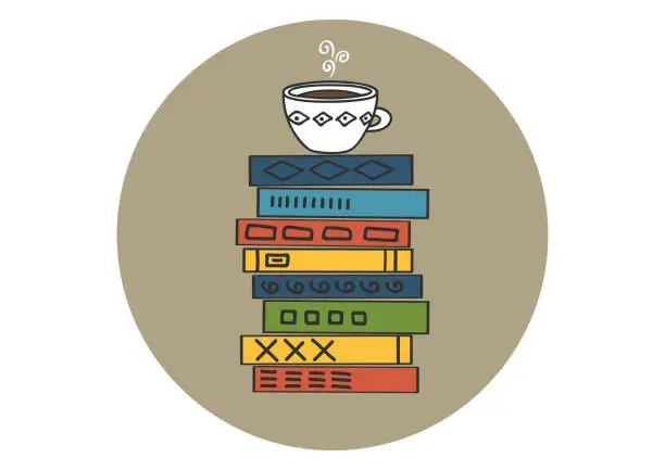 Vector illustration of Books stack with white cup of hot tea