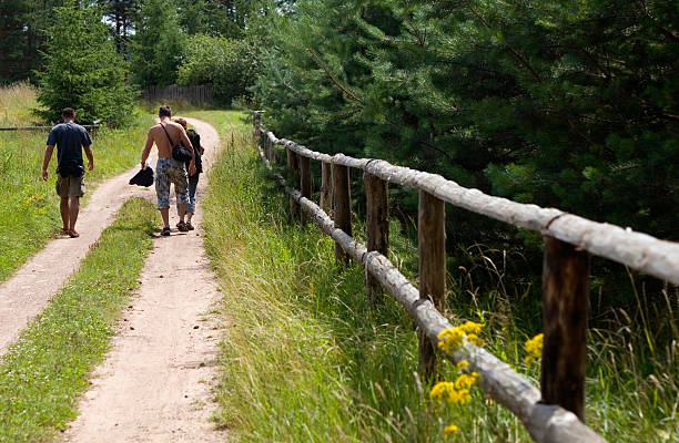 istock tourists are going with road through forest 91381361