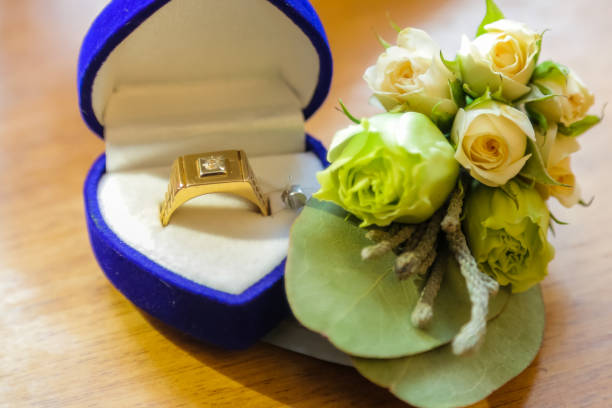 istock Male gold ring in the box. Wedding Bottom Line 913816058