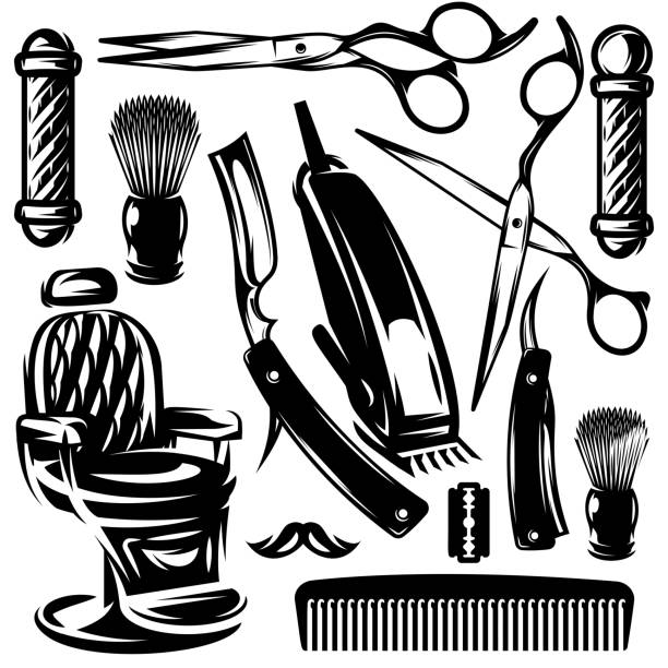 illustrazioni stock, clip art, cartoni animati e icone di tendenza di set monocromatico vettoriale di accessori e strumenti nel barbiere - rasoio elettrico