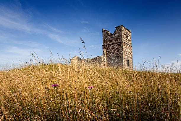 Knowlton Church, Dorset The remains of this Norman Church sit in the middle of an earth circle dating from 2500 BC. This image is unsharpened and there is some motion blur in the foreground grass. knowlton stock pictures, royalty-free photos & images