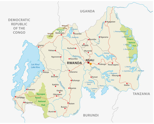 illustrazioni stock, clip art, cartoni animati e icone di tendenza di ruanda strada e mappa parco nazionale - ruanda