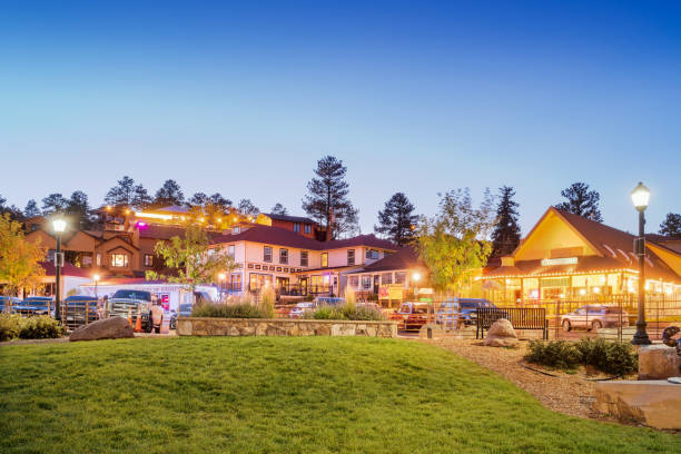 Downtown Estes Park Colorado USA Stock photograph of Bond park and businesses in downtown Estes Park Colorado USA during Autumn. estes park stock pictures, royalty-free photos & images