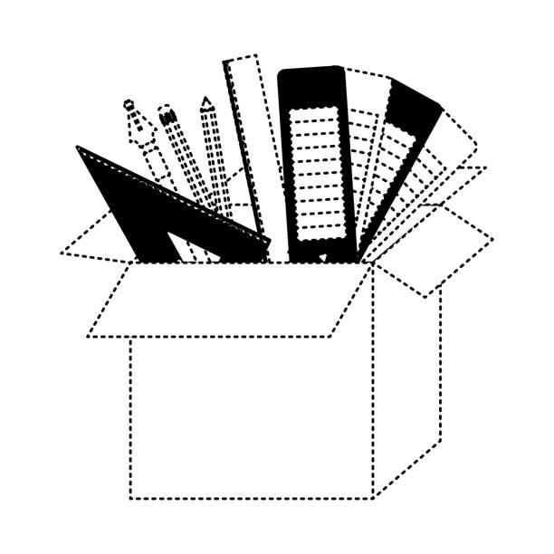 ilustrações de stock, clip art, desenhos animados e ícones de cardboard box with graph design tools in black dotted contour - text graph box education