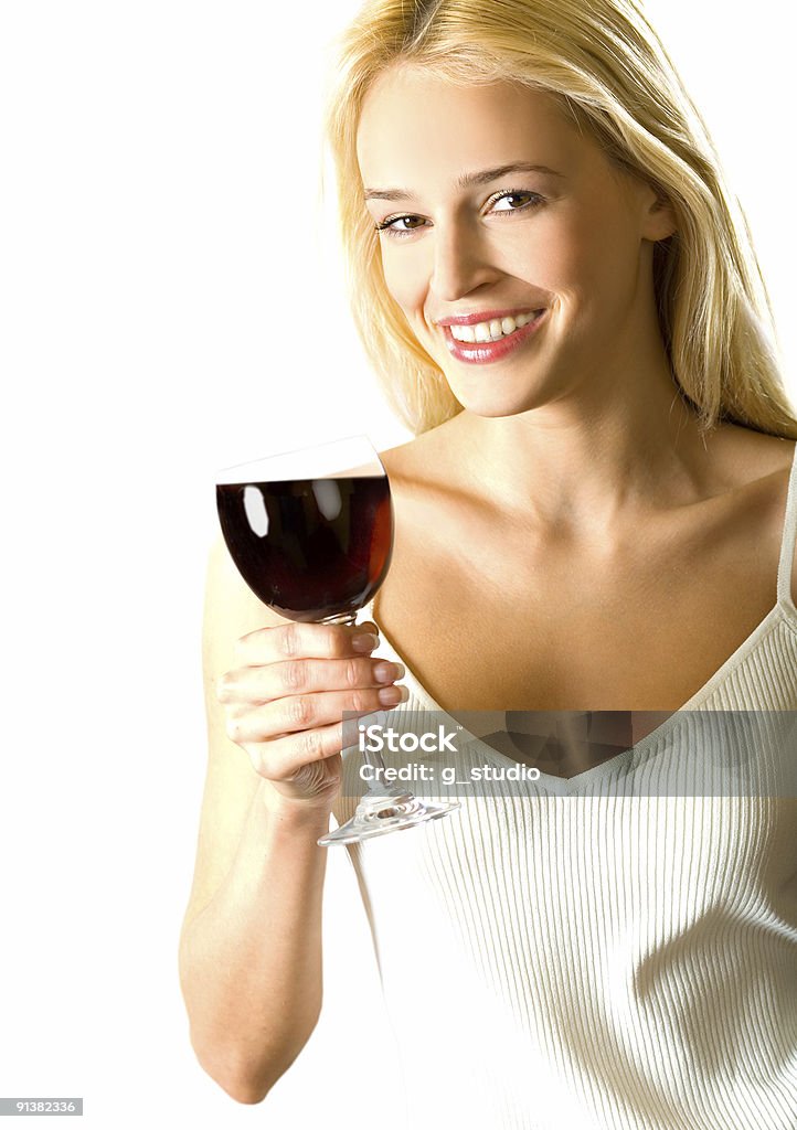 Jovem atraente loira feliz sorridente Mulher com copo de vinho vermelho, isolado - Foto de stock de Adulto royalty-free