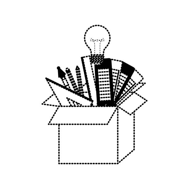 ilustrações, clipart, desenhos animados e ícones de caixa de papelão com idea de ferramentas de design gráfico no contorno pontilhado preto - text graph box education