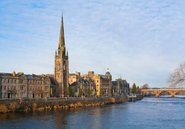 Photo of St Matthews Church on River Tay embankment of Scotland in Perth, Scotland