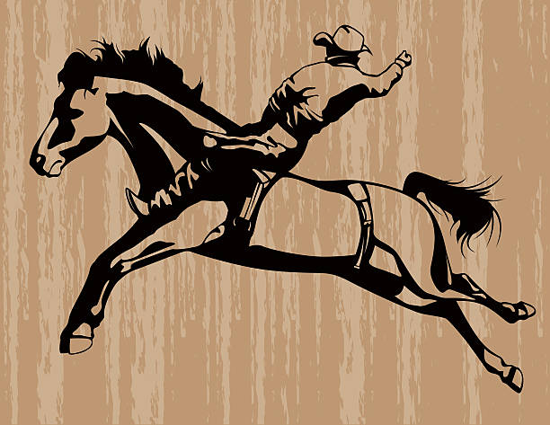 illustrazioni stock, clip art, cartoni animati e icone di tendenza di cowboy su monta di cavallo selvaggio - cowboy rodeo wild west bucking bronco