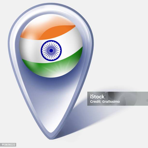 India Button Map Pointer With Indian Flag Isolated On White Stock Illustration - Download Image Now