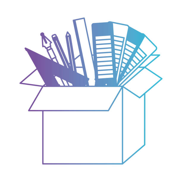 ilustrações de stock, clip art, desenhos animados e ícones de cardboard box with graph design tools in degraded purple to blue contour - text graph box education