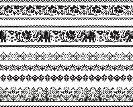 Set of seamless black ornate borders with pattern brushes. Ethic Southeast Asia style.
