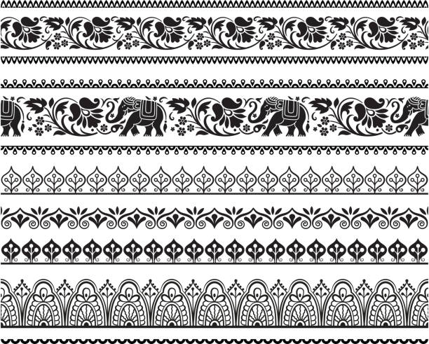 Set of seamless black ornate borders with pattern brushes. Ethic Southeast Asia style. Set of seamless black ornate borders with pattern brushes. Ethic Southeast Asia style. thai culture stock illustrations