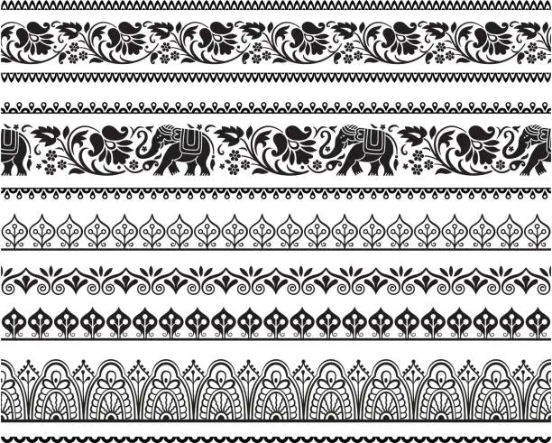 Vector illustration of Set of seamless black ornate borders with pattern brushes. Ethic Southeast Asia style.