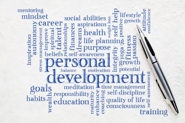 personal development word cloud - handwriting on a white textured paper with a pen
