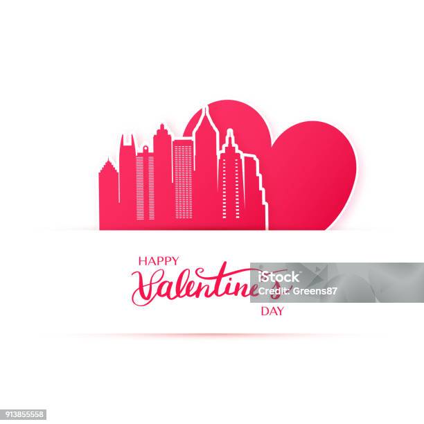 Red Heart And Silhouette Of Atlanta City Paper Stickers Valentine Card In Paper Art Style Stock Illustration - Download Image Now