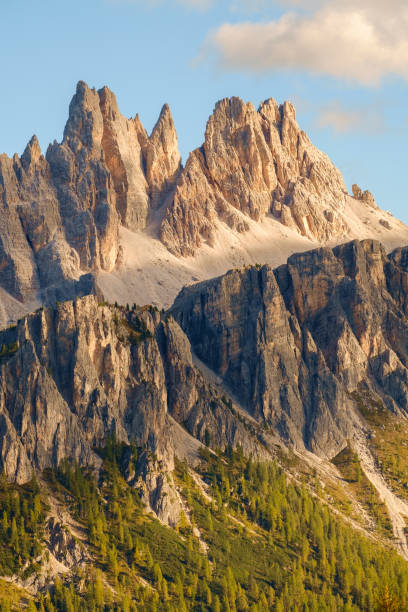Rocky mountain peaks of Croda da Lago in the Dolomites stock photo